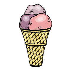 Ice cream flat. Waffle cone. Sweets summer food. Hand drawn line art.
