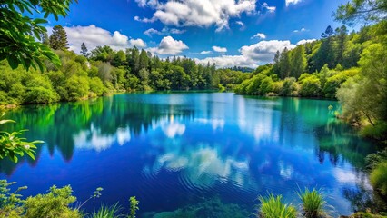 A beautiful blue lake surrounded by lush greenery , serene, tranquil, nature, crystal clear water, reflections, peaceful