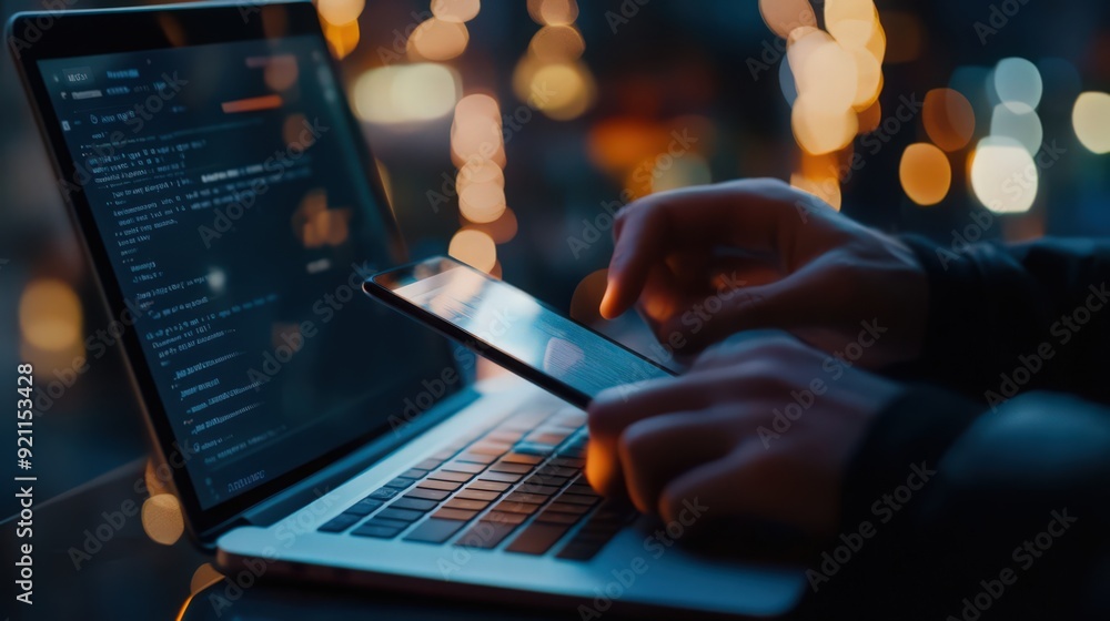 Poster a user employs mobile phone and laptop with advanced privacy security and data encryption systems fo