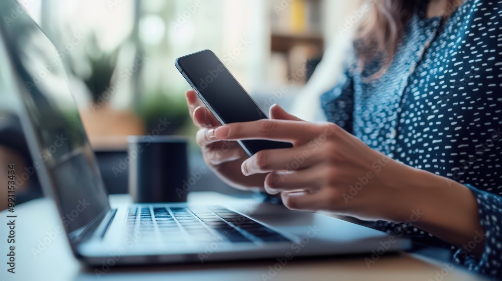 Poster a user enhances digital safety by using a mobile phone and laptop with state-of-the-art data protect
