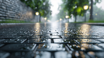 A wet cobblestone path reflects warm light from lamps under the rain