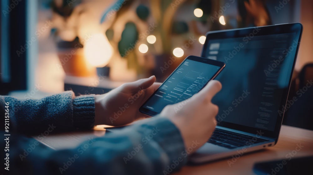 Poster a user secures sensitive data using a mobile phone and laptop equipped with top-notch encryption and