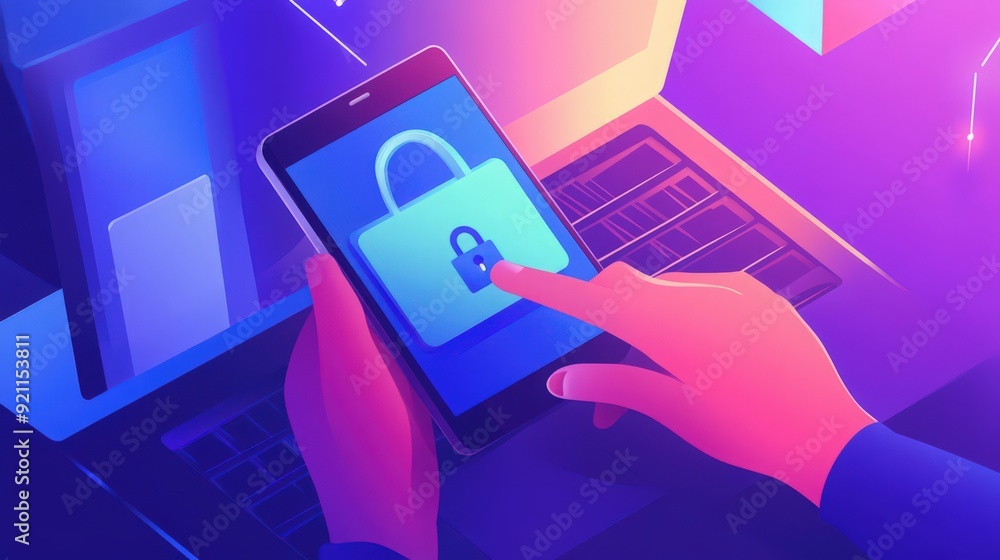Poster a user secures sensitive data using a mobile phone and laptop equipped with top-notch encryption and