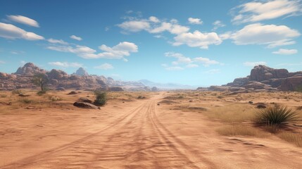 Naklejka premium A serene desert landscape with a dirt road, rocky formations, and a clear blue sky.