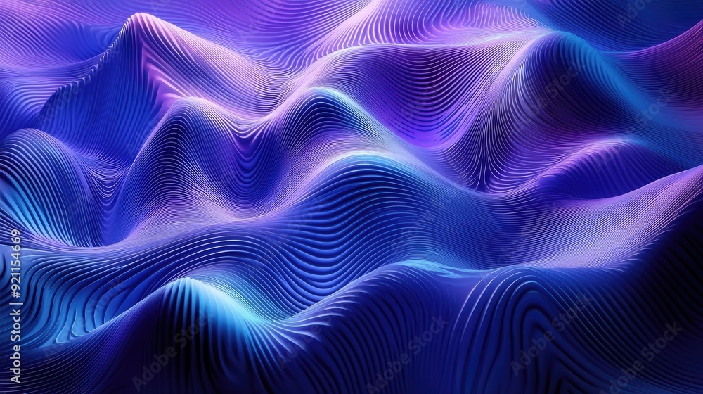 Poster a mesmerizing 3d wave pattern with fluid motion, featuring a gradient blend of blues and purples, sy