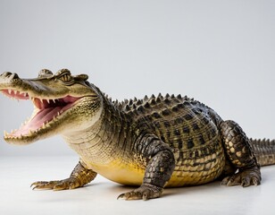 Fototapeta premium A crocodile with a smiley face is sitting on a white background. The crocodile has a very cute and friendly expression. Ai generated image.