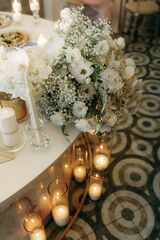 Table decorations, stylish wedding decor. Lush table settings.