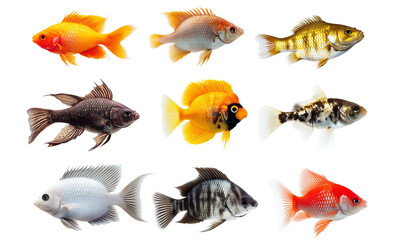 Naklejka premium Collection of colorful fish illustrations isolated on a white background, variety of fish concept.