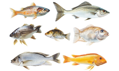Collection of colorful fish illustrations isolated on a white background, variety of fish concept.
