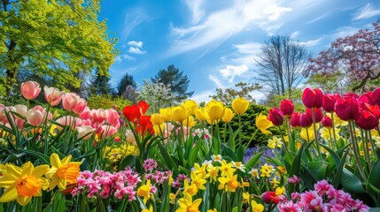 A vibrant flower garden bursting with colorful blooms, including roses, tulips, and daffodils,