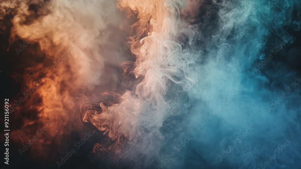 Poster vibrant orange and blue smoke blending together in an abstract, ethereal display of swirling pattern