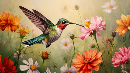 Hummingbird pollinating various flowers
