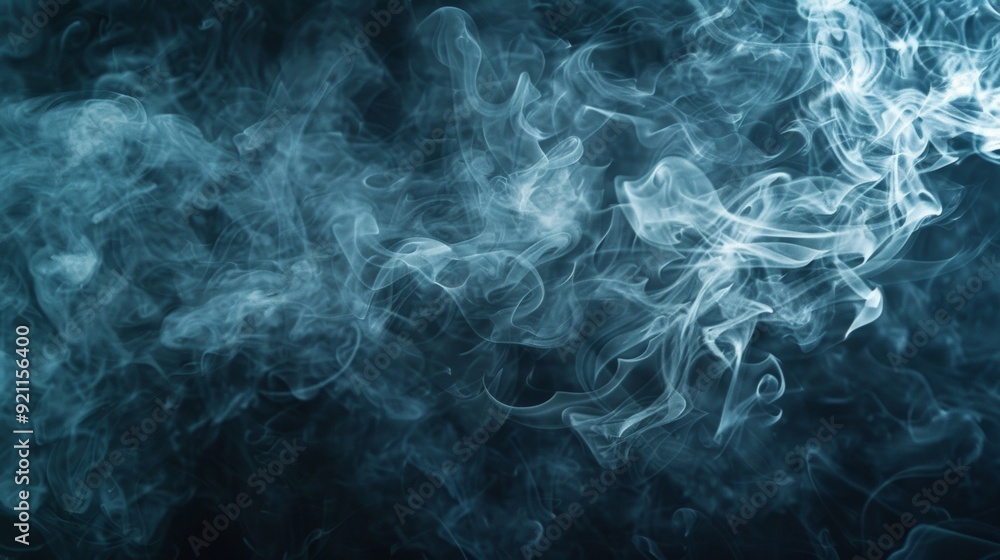 Poster blue smoke swirls and drifts across a dark background, creating a moody and ethereal atmosphere with