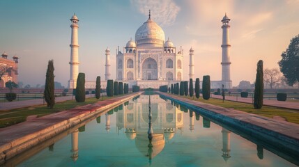 The Taj Mahal at sunrise, with its iconic white marble dome and minarets bathed in the soft golden light of early morning,