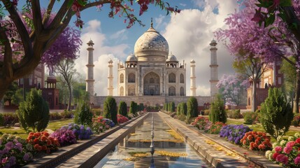 The Taj Mahal captured from a unique angle, with the grand dome and minarets framed by blossoming trees and colorful flowers
