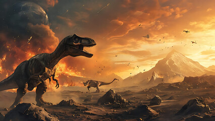 Obraz premium Extinction scenes with dinosaurs and meteorites 