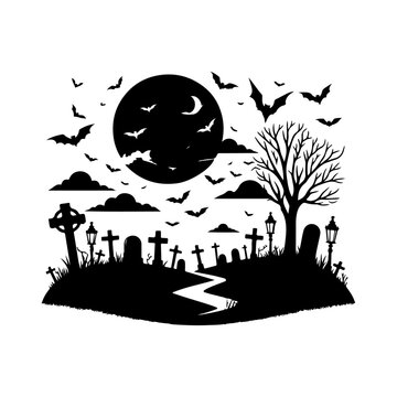 black halloween graveyard scene with bats
