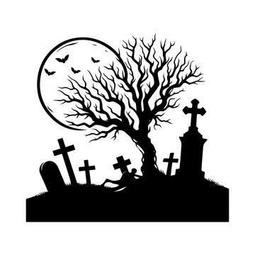 black halloween graveyard scene with full moon