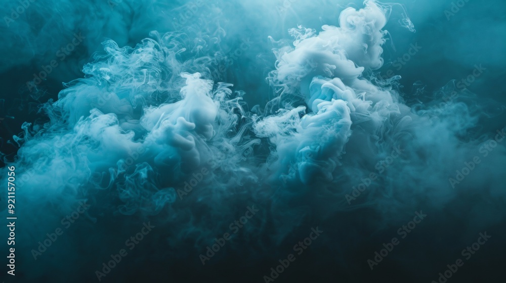 Poster thick blue smoke clouds swirl and billow in an atmospheric, moody scene, creating a textured and eth