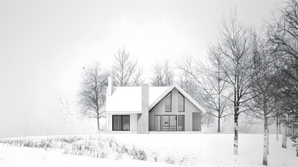 Obraz premium Minimalist Architectural Sketch of a House with Snow and Trees