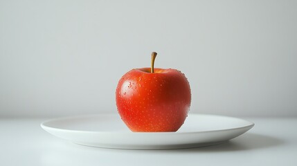 Minimalist Red Apple on White Plate - Contemporary Still Life Composition