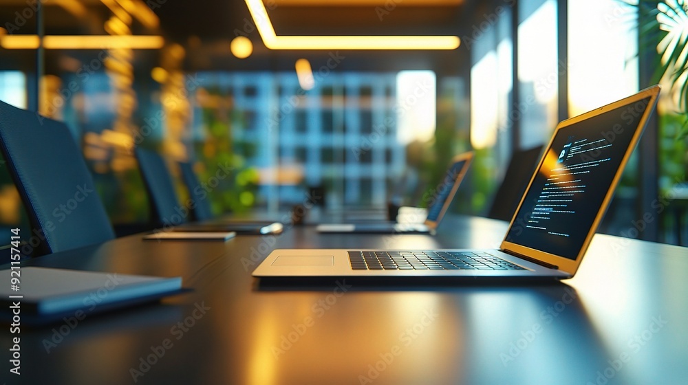Aufkleber the code that builds tomorrow: open laptop displaying lines of code on a sleek boardroom table, embo