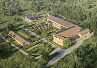 Aerial View of a Sustainable Farm Complex with Solar Panels and a Garden