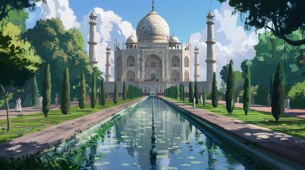 Obraz premium The Taj Mahal surrounded by its perfectly manicured gardens and reflecting pool