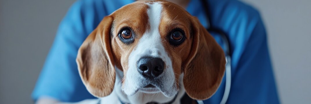 A veterinarian providing care to a Beagle dog during a thorough and compassionate veterinary visit, ensuring the health and wellbeing of this beloved canine companion. A positive experience for all