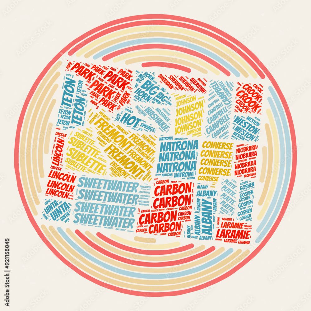 Poster wyoming round poster. typography style image of state. counties word clouds of wyoming. vintage imag