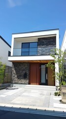 Modern House with Stone Facade and Balcony
