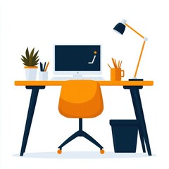 Stylish home office desk with computer, lamp, chair, and plant, perfect for creative work and productivity.