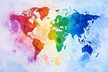 Vibrant Rainbow Watercolor Splatter World Map - Creative Artistic Illustration for Travel and Adventure Concepts