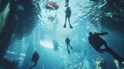 Obraz premium Divers exploring an underwater environment filled with colorful marine life and sunlight beams in a tranquil ocean setting