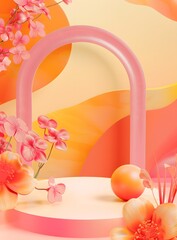 Abstract 3D Background with Flowers and Arches