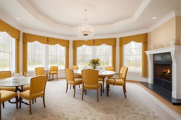 Inviting dining hall with mustard accents 