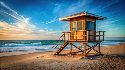 Obraz premium Beach lifeguard tower overlooking the ocean during a sunny day, beach, lifeguard, tower, ocean, sunny, day, safety