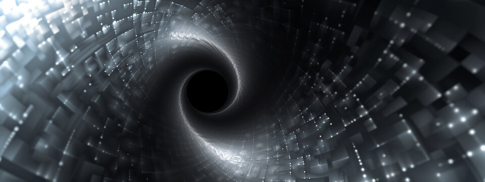 The very fabric of the cosmos dissolves into a swirling, insatiable abyss, as the universe succumbs to the gravitational primacy of a black hole.