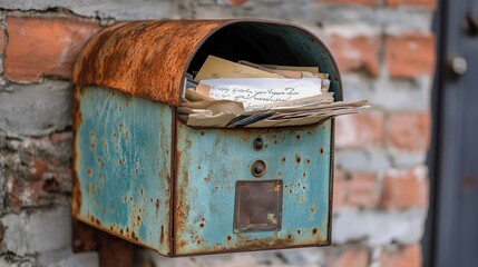 A retro tin mailbox, aged and full of letters, shown from a unique angle to emphasize its classic design and contents.