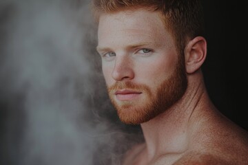 Fiery Gaze: A redhead man with striking blue eyes peers through a haze of smoke, his intense stare captivating the lens.
