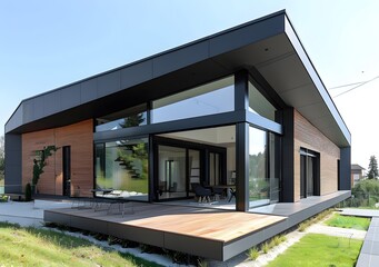 Modern House with Large Windows and Wooden Deck