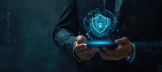 Businessman holding a digital padlock, with some futuristic icons on a virtual screen against a dark blue background