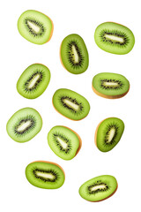 Fototapeta premium Flying falling kiwis isolated on transparent or white background