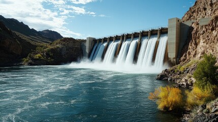 A scenic view of a large dam with water cascading down, showcasing the massive energy and engineering behind it.