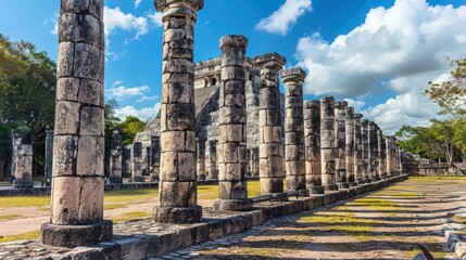 The Temple of the Warriors at Chichen Itza, with its row of columns and majestic pyramid backdrop against a bright sky