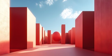 Abstract Red Geometric Shapes And Sphere