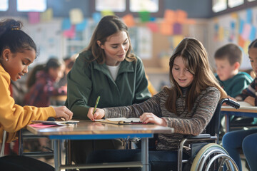 A female teacher is assisting a preteen girl in wheelchair in a classroom at school.