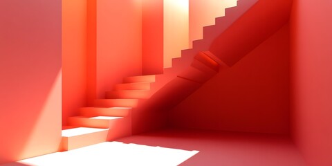Abstract Minimalist Staircase with Orange Walls and Sunlight
