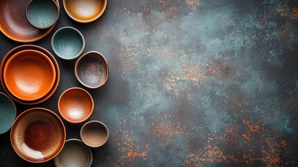 Colorful Ceramic Bowls Arranged on Rustic Surface with Copy Space for Text.