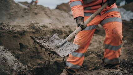 Obraz premium construction worker digging with a shovel, muddy shovel and worker's reflective safety gear created with generative ai 
